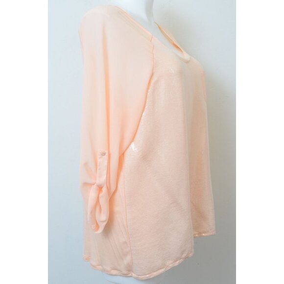 Lane Bryant PLUS Size (18/20) 2X Peach Sequins Roll Tab Sleeves Tunic Blouse - Picture 4 of 7